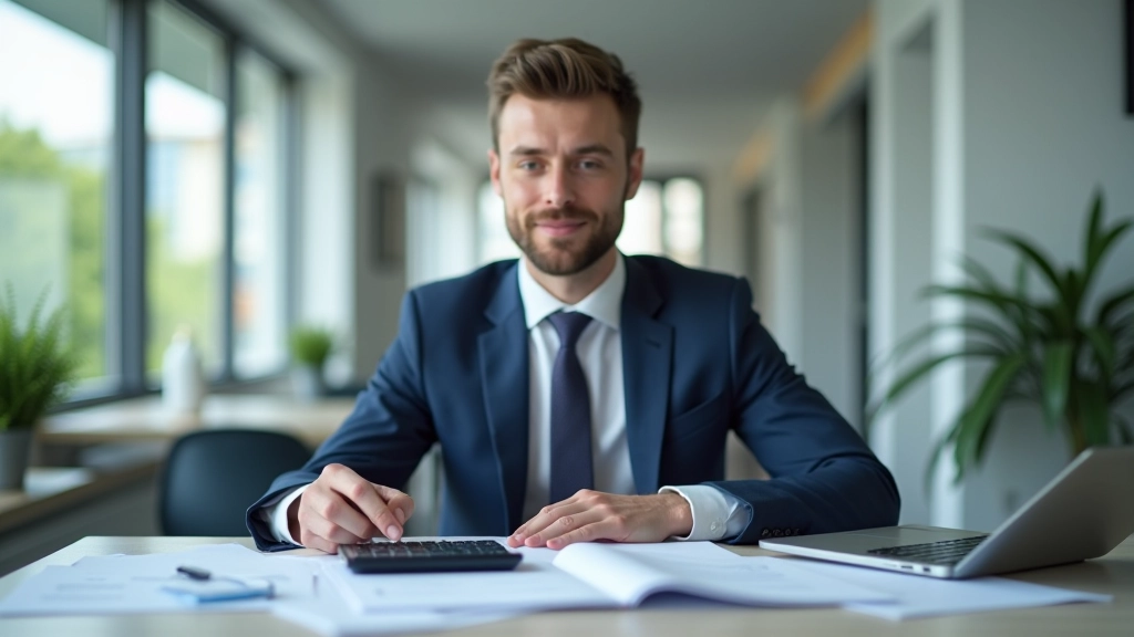 Účetní pracující s daňovými dokumenty a kalkulačkou na stole