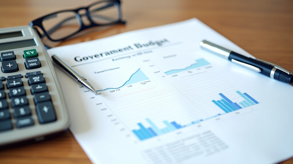 Státní rozpočet v papírové podobě na pracovním stole s kalkulačkou a perem