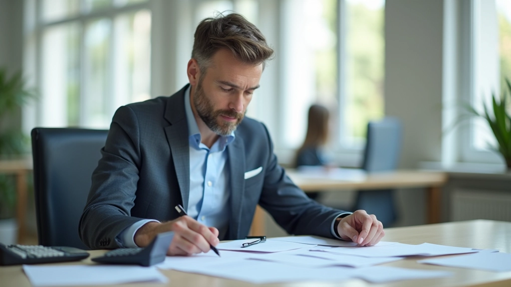 Muž u kancelářského stolu pracuje na daňové přiznání se vzory a kalkulačkou