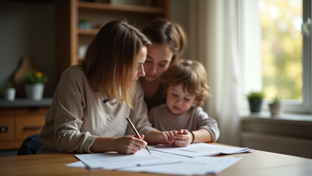 Matka s dítětem sedí u stolu s bankovními dokumenty a příspěvky na rodinu